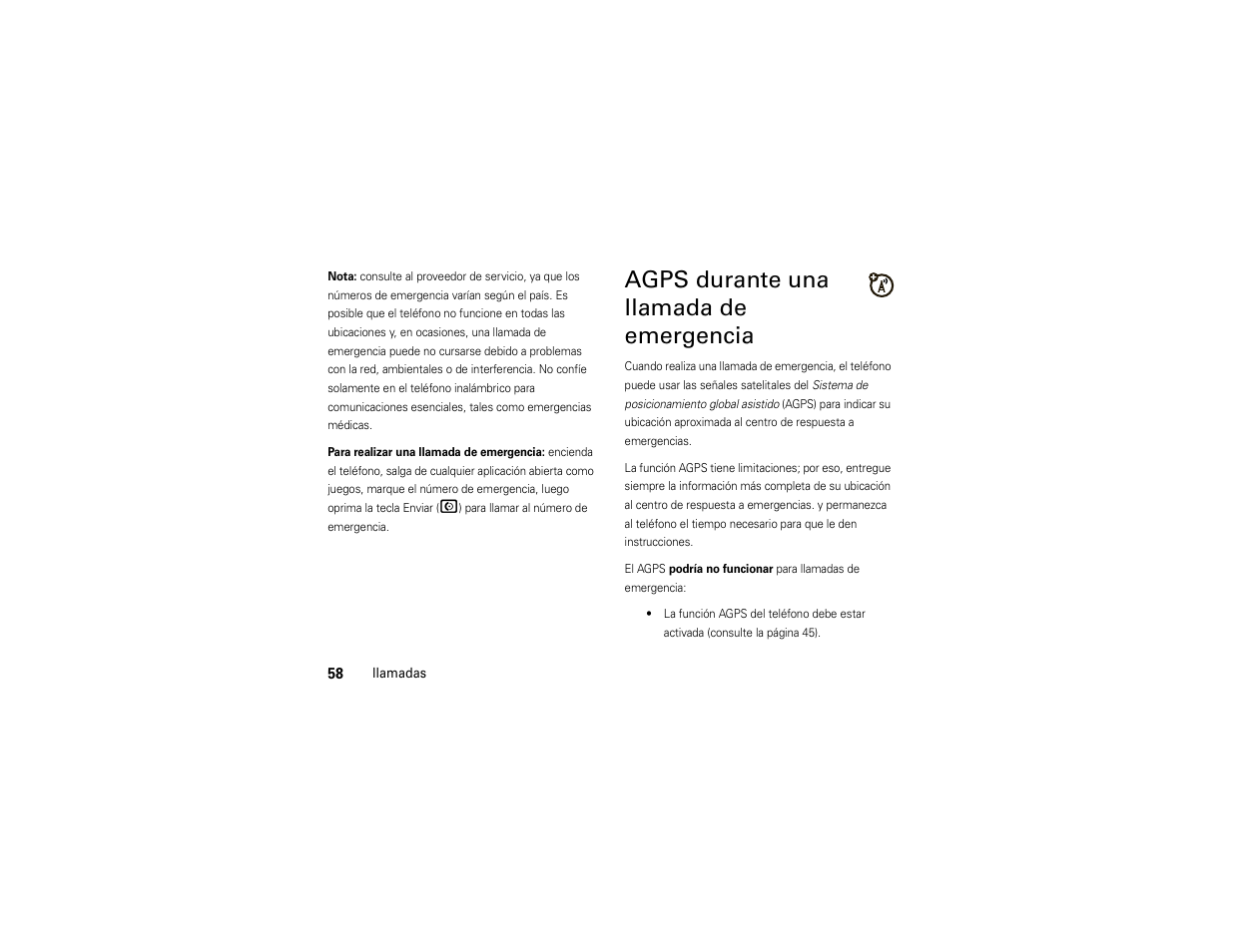 Agps durante una llamada de emergencia | Motorola ADVENTURE V750 User Manual | Page 218 / 334