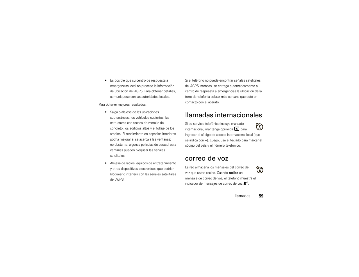 Llamadas internacionales, Correo de voz | Motorola ADVENTURE V750 User Manual | Page 219 / 334