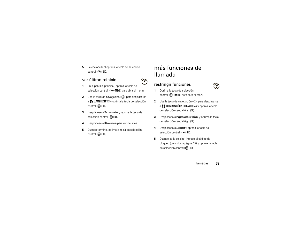 Más funciones de llamada, Ver último reinicio, Restringir funciones | Motorola ADVENTURE V750 User Manual | Page 223 / 334