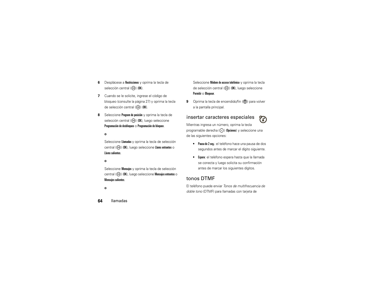 Insertar caracteres especiales, Tonos dtmf | Motorola ADVENTURE V750 User Manual | Page 224 / 334