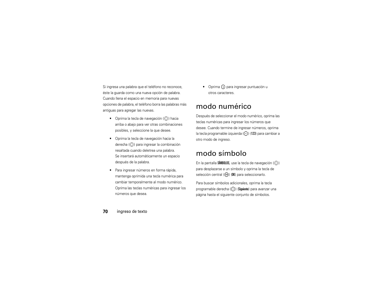 Modo numérico, Modo símbolo | Motorola ADVENTURE V750 User Manual | Page 230 / 334