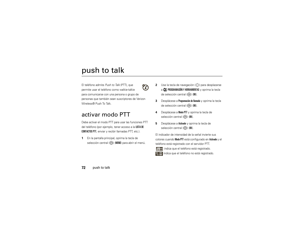 Push to talk, Activar modo ptt | Motorola ADVENTURE V750 User Manual | Page 232 / 334