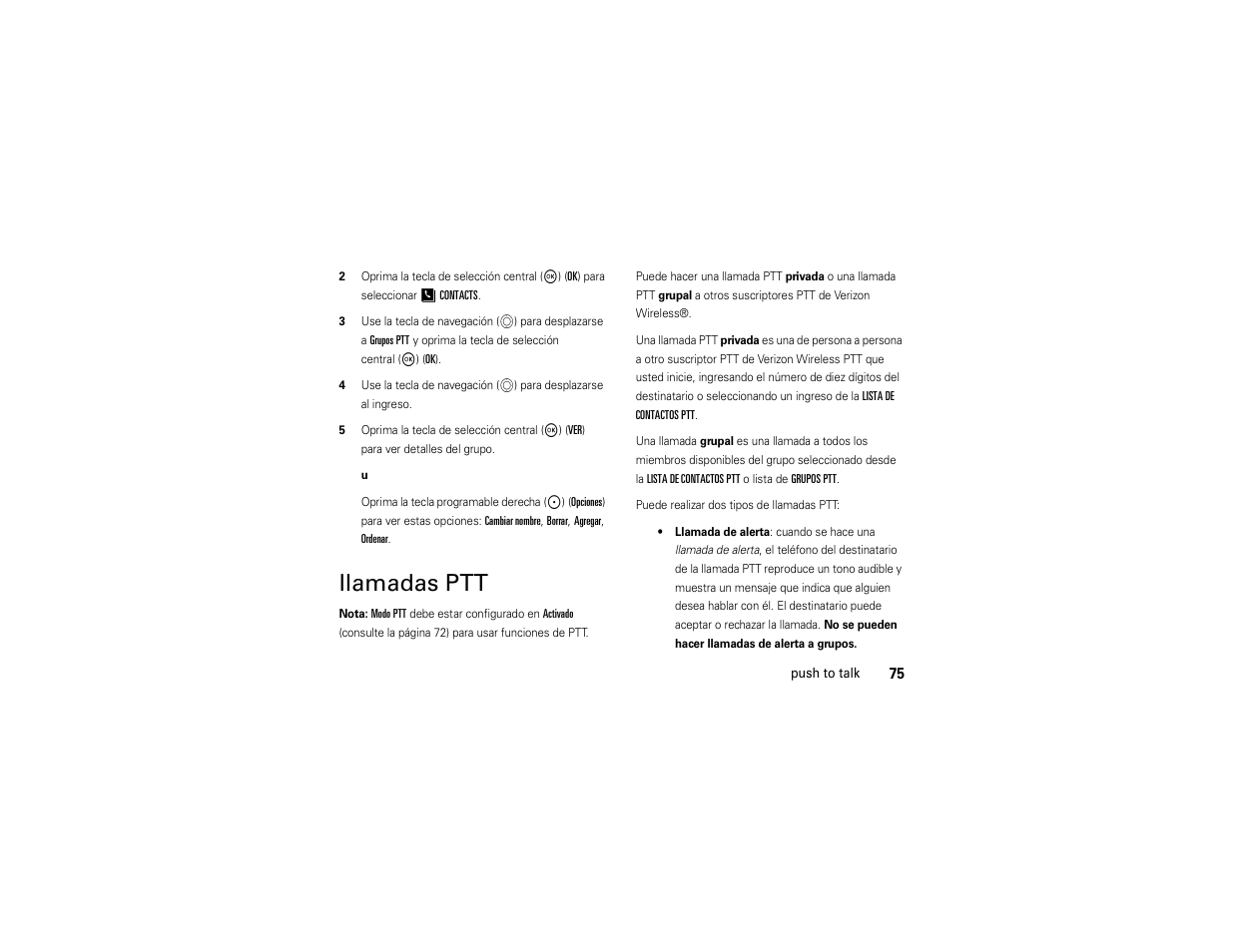 Llamadas ptt | Motorola ADVENTURE V750 User Manual | Page 235 / 334