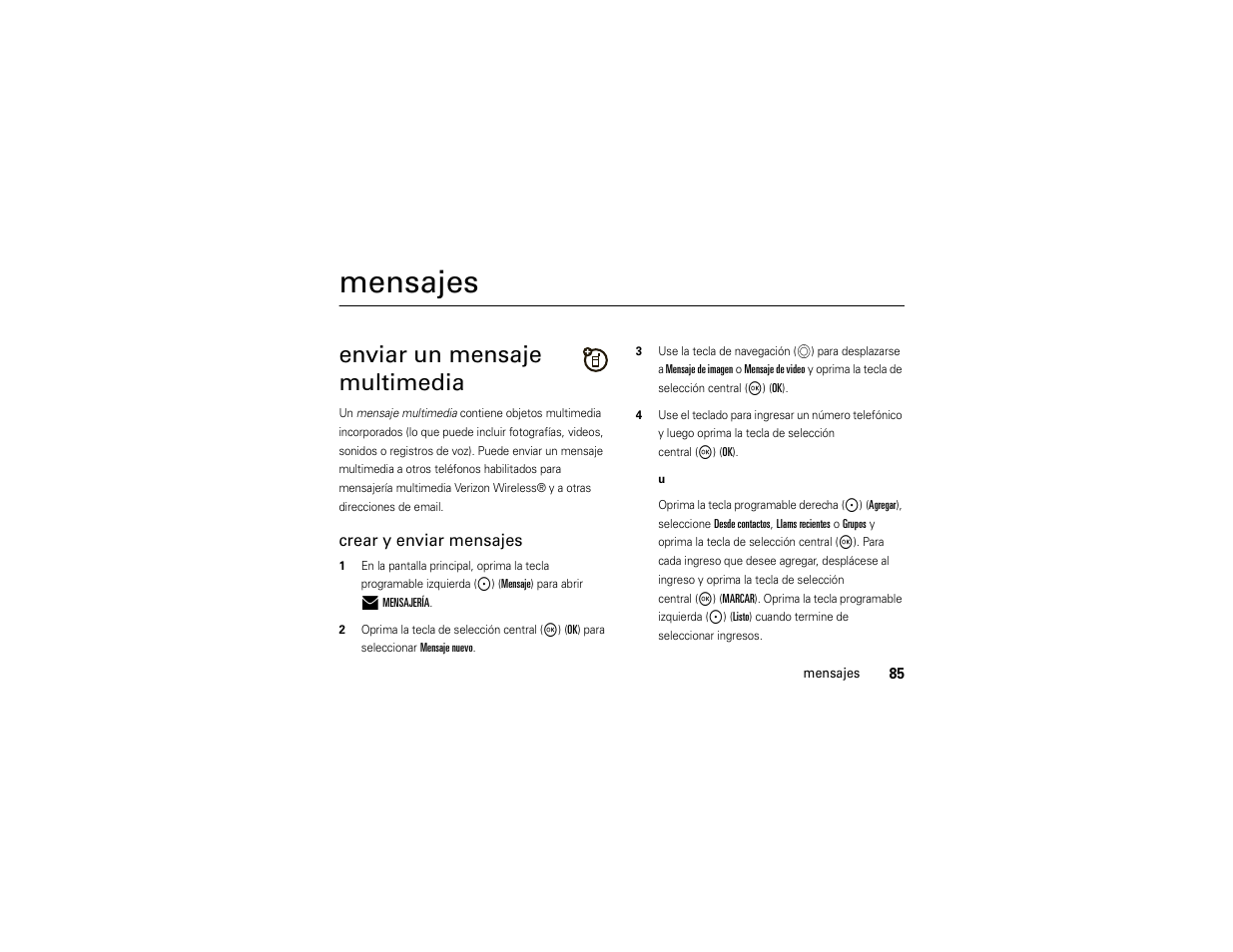 Mensajes, Enviar un mensaje multimedia | Motorola ADVENTURE V750 User Manual | Page 245 / 334