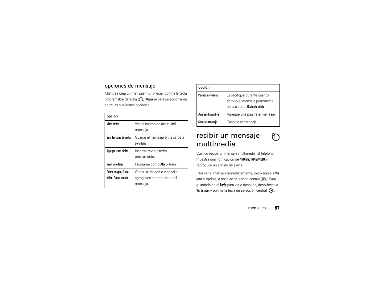 Recibir un mensaje multimedia, Opciones de mensaje | Motorola ADVENTURE V750 User Manual | Page 247 / 334