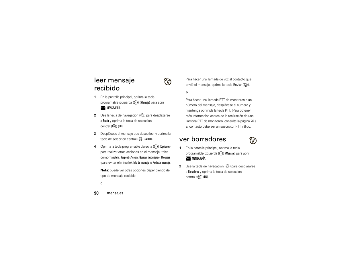 Leer mensaje recibido, Ver borradores | Motorola ADVENTURE V750 User Manual | Page 250 / 334