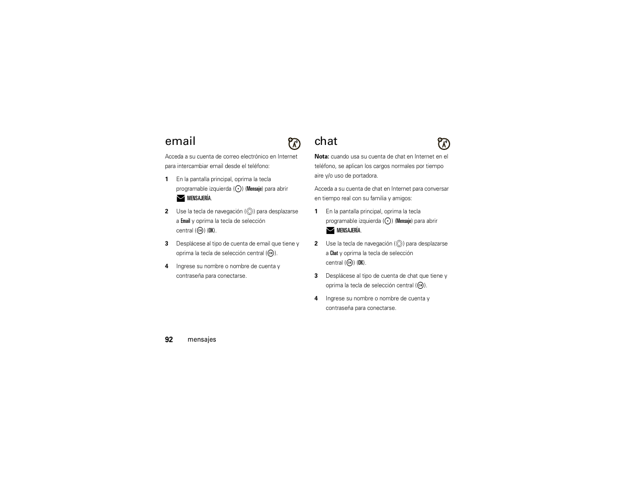Email, Chat | Motorola ADVENTURE V750 User Manual | Page 252 / 334