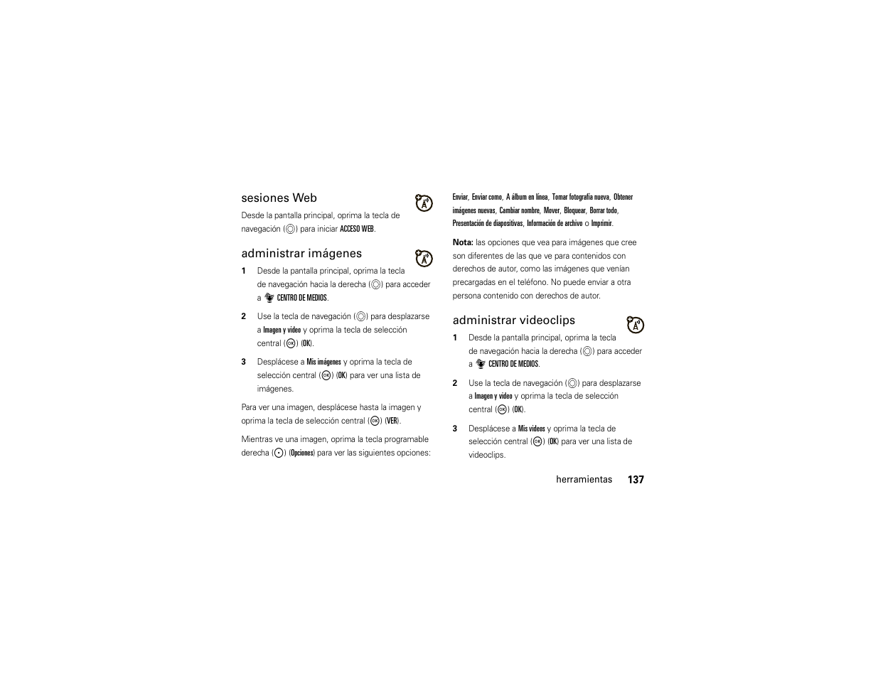 Sesiones web, Administrar imágenes, Administrar videoclips | Motorola ADVENTURE V750 User Manual | Page 297 / 334