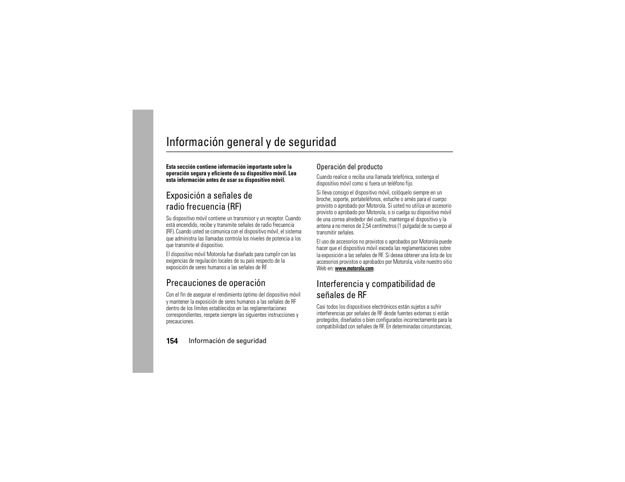 Información de seguridad, Información general y de seguridad, Exposición a señales de radio frecuencia (rf) | Precauciones de operación, Interferencia y compatibilidad de señales de rf | Motorola ADVENTURE V750 User Manual | Page 314 / 334