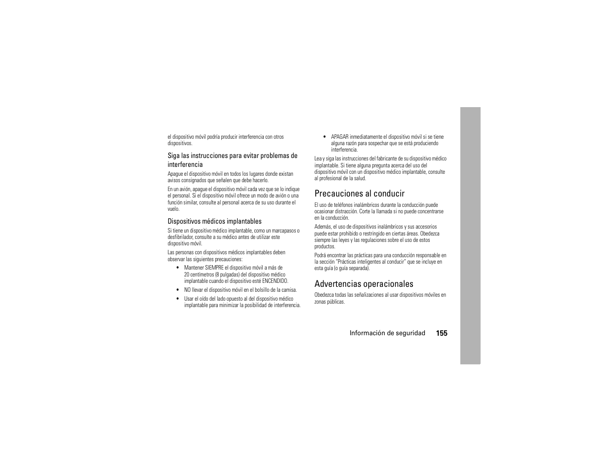 Precauciones al conducir, Advertencias operacionales | Motorola ADVENTURE V750 User Manual | Page 315 / 334