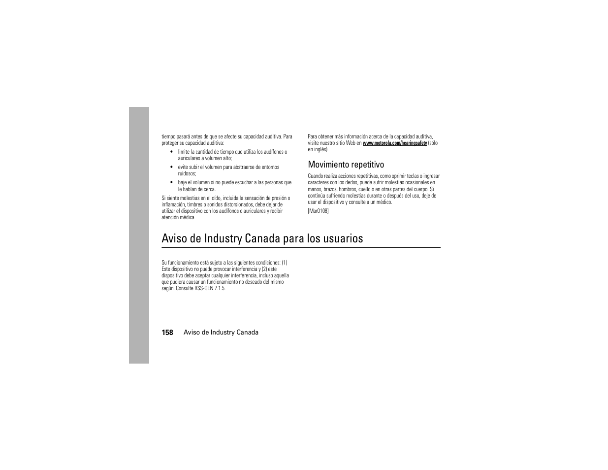 Aviso de industry canada, Aviso de industry canada para los usuarios, Movimiento repetitivo | Motorola ADVENTURE V750 User Manual | Page 318 / 334