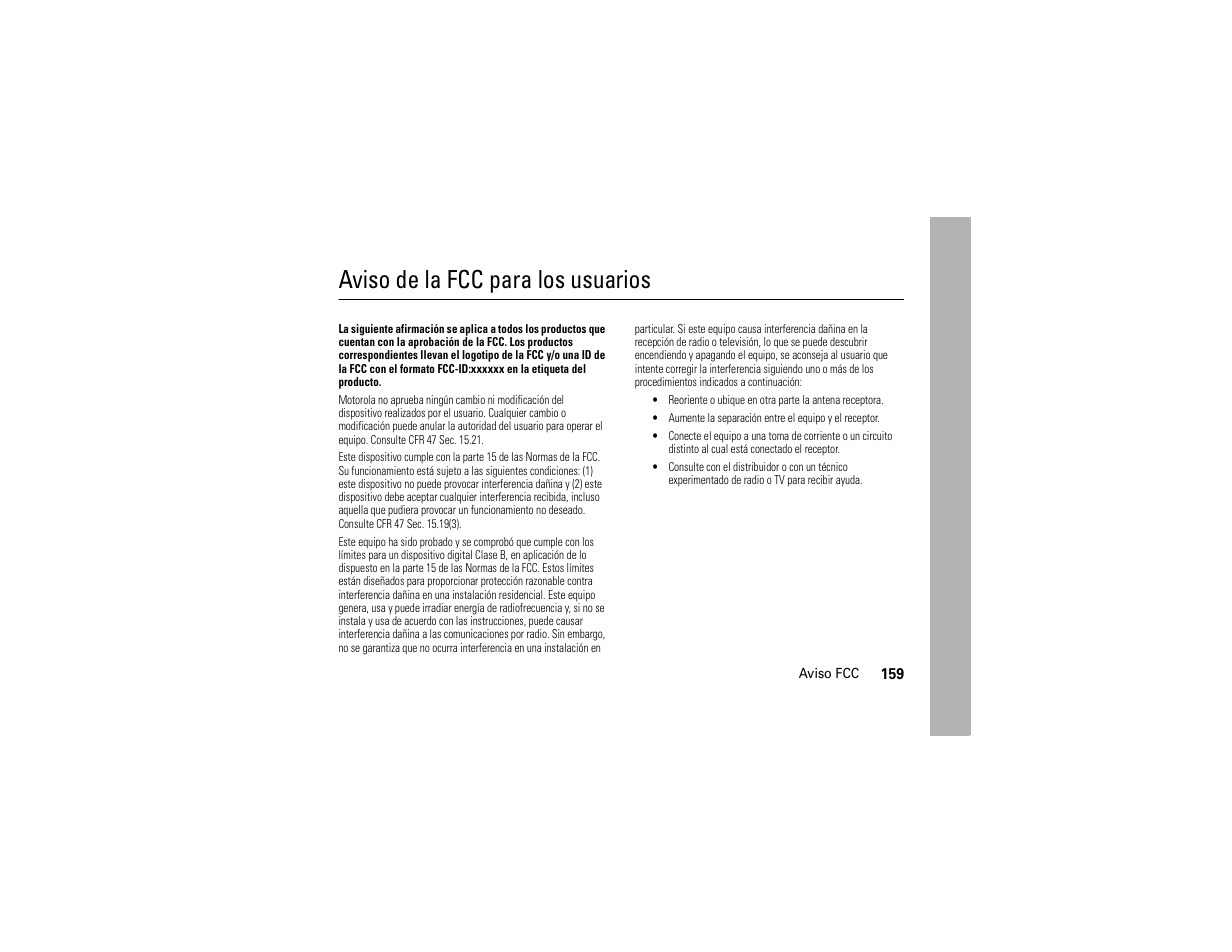 Aviso fcc, Aviso de la fcc para los usuarios | Motorola ADVENTURE V750 User Manual | Page 319 / 334