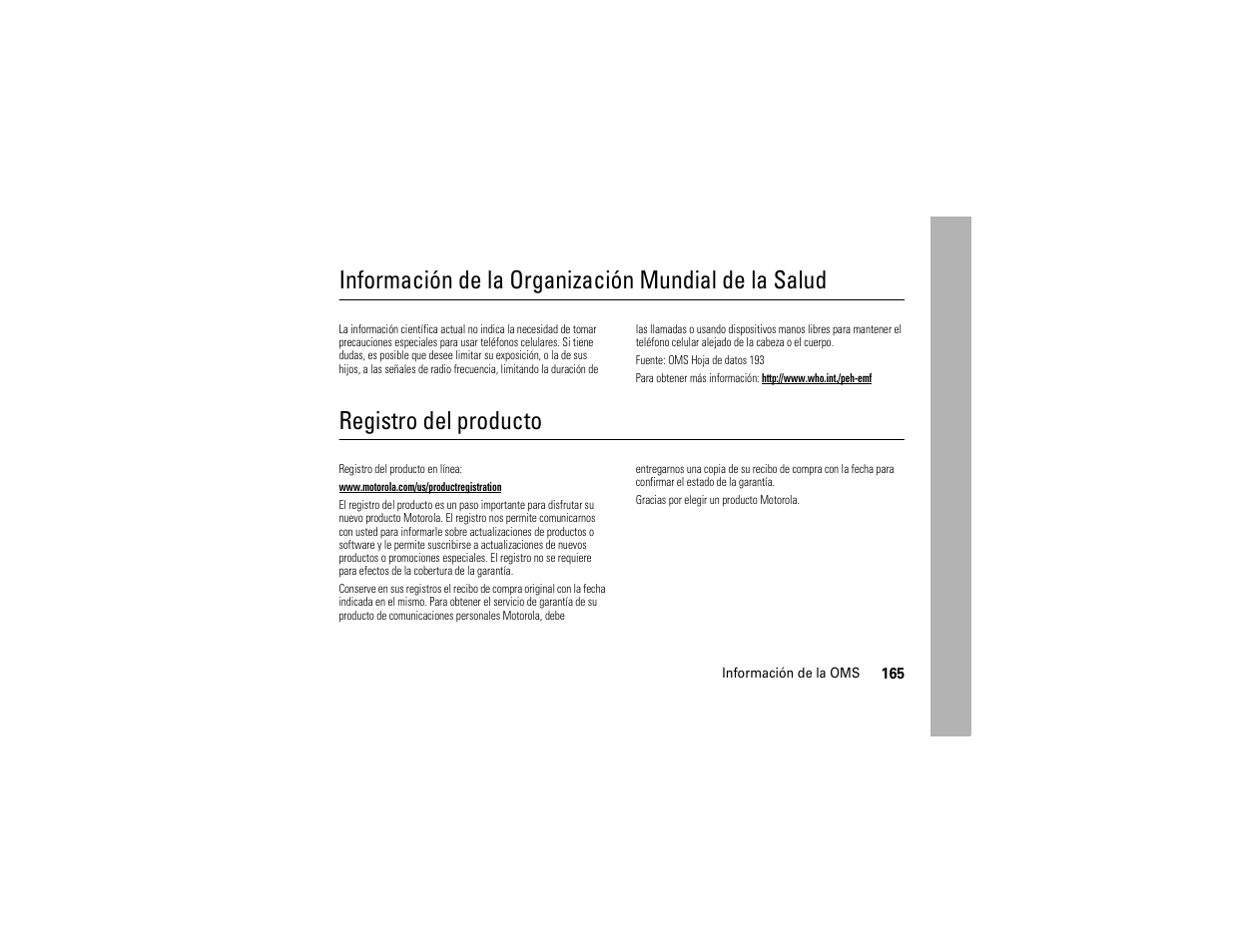 Información de la oms, Registro, Información de la organización mundial de la salud | Registro del producto | Motorola ADVENTURE V750 User Manual | Page 325 / 334