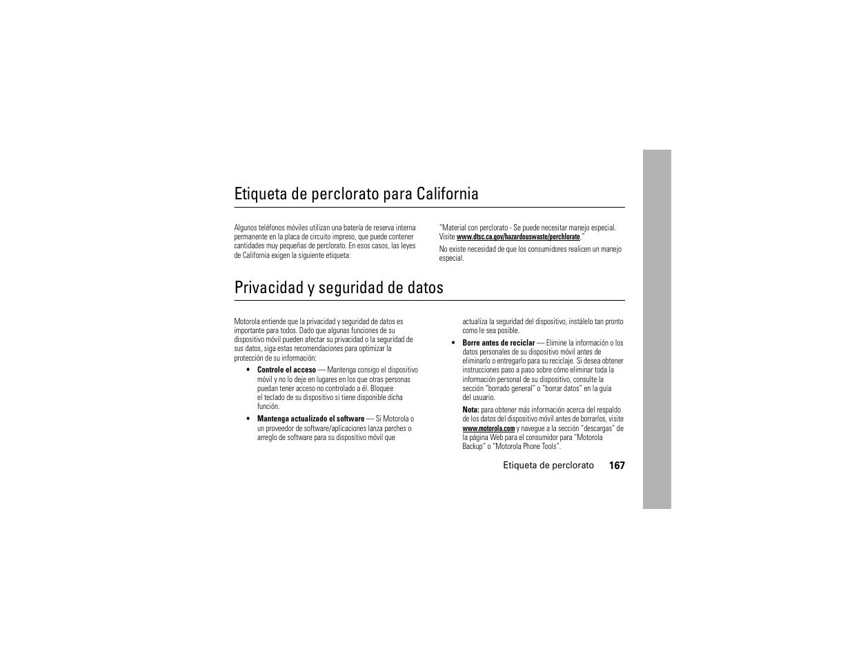 Etiqueta de perclorato, Privacidad y seguridad de datos, Etiqueta de perclorato para california | Motorola ADVENTURE V750 User Manual | Page 327 / 334