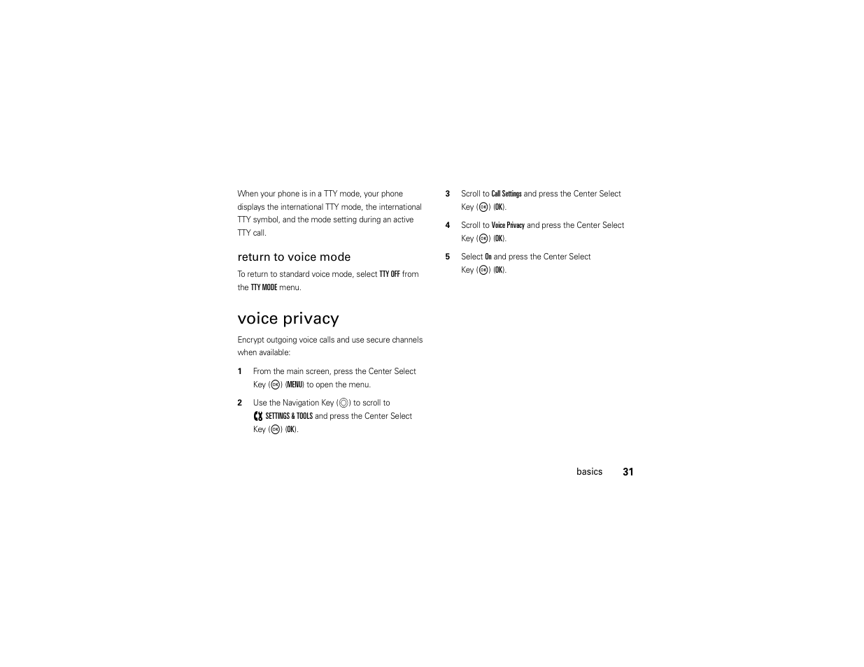 Voice privacy, Return to voice mode | Motorola ADVENTURE V750 User Manual | Page 33 / 334