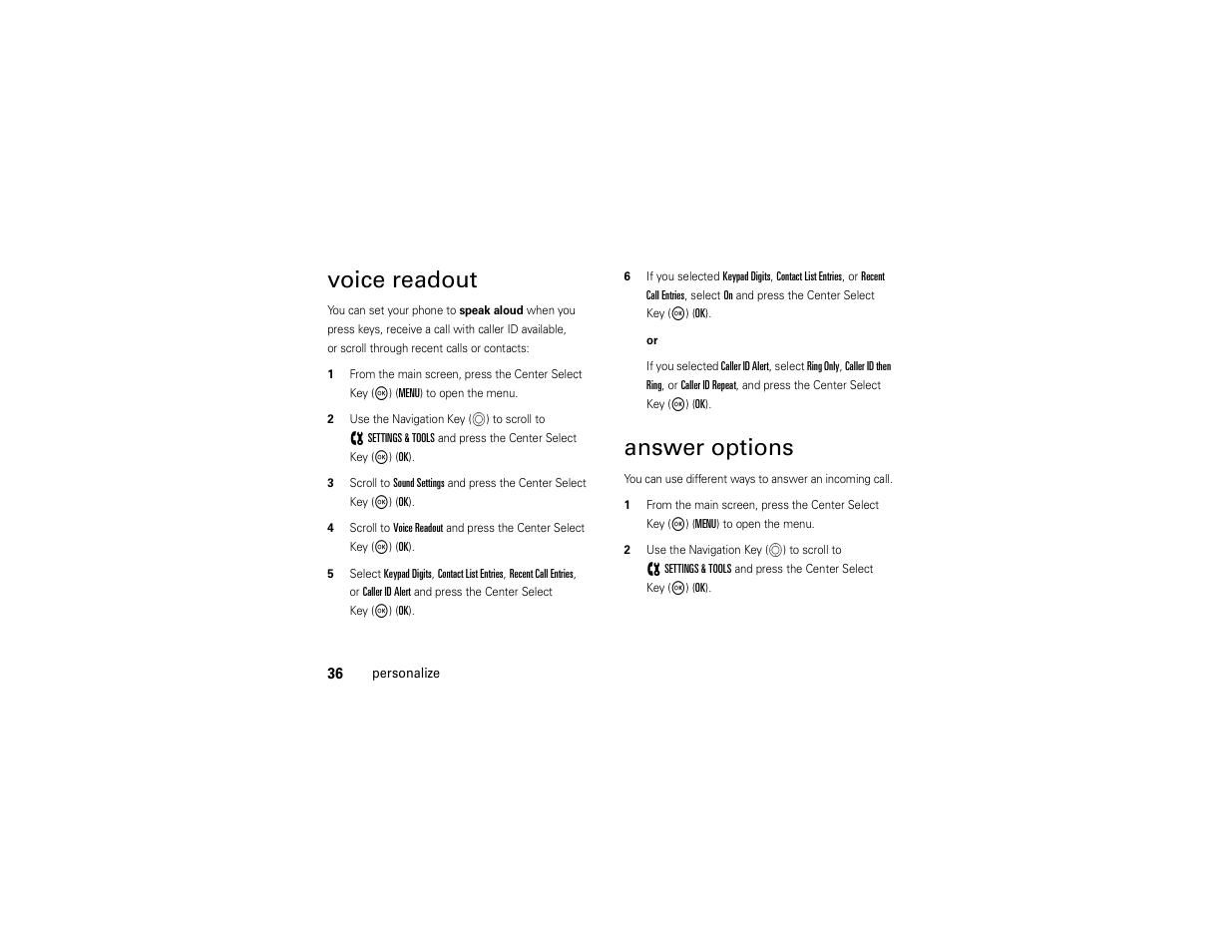 Voice readout, Answer options | Motorola ADVENTURE V750 User Manual | Page 38 / 334