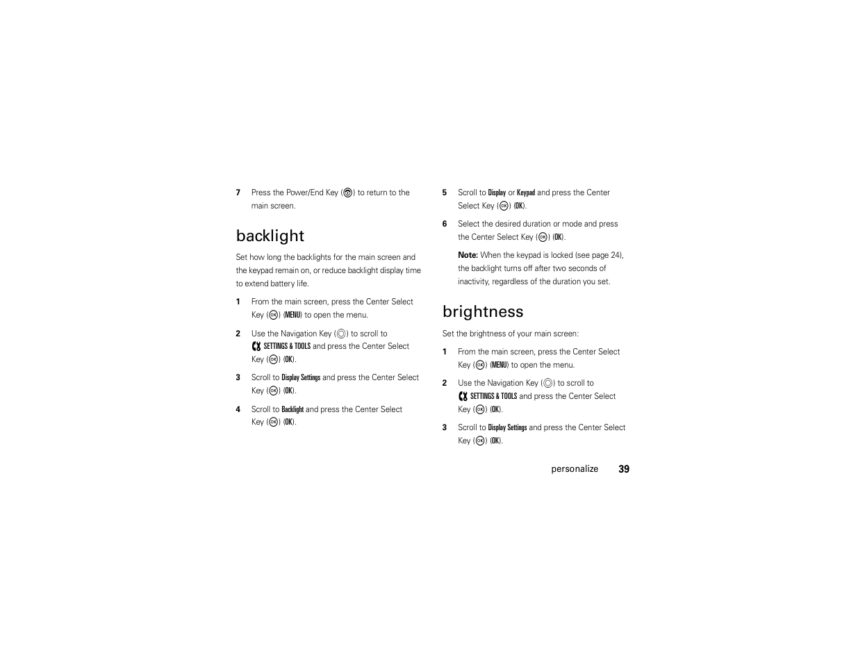 Backlight, Brightness | Motorola ADVENTURE V750 User Manual | Page 41 / 334