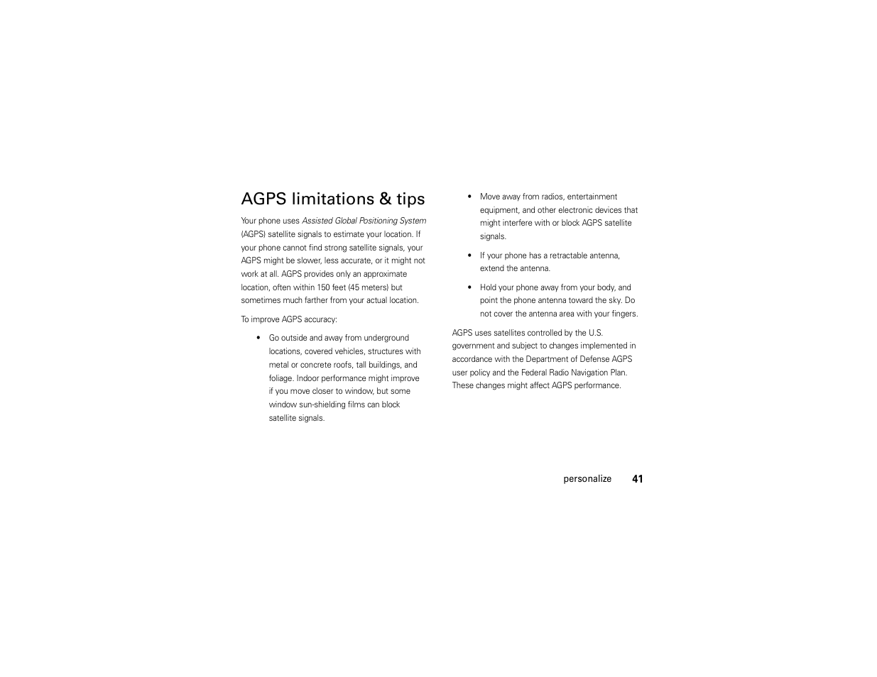 Agps limitations & tips | Motorola ADVENTURE V750 User Manual | Page 43 / 334