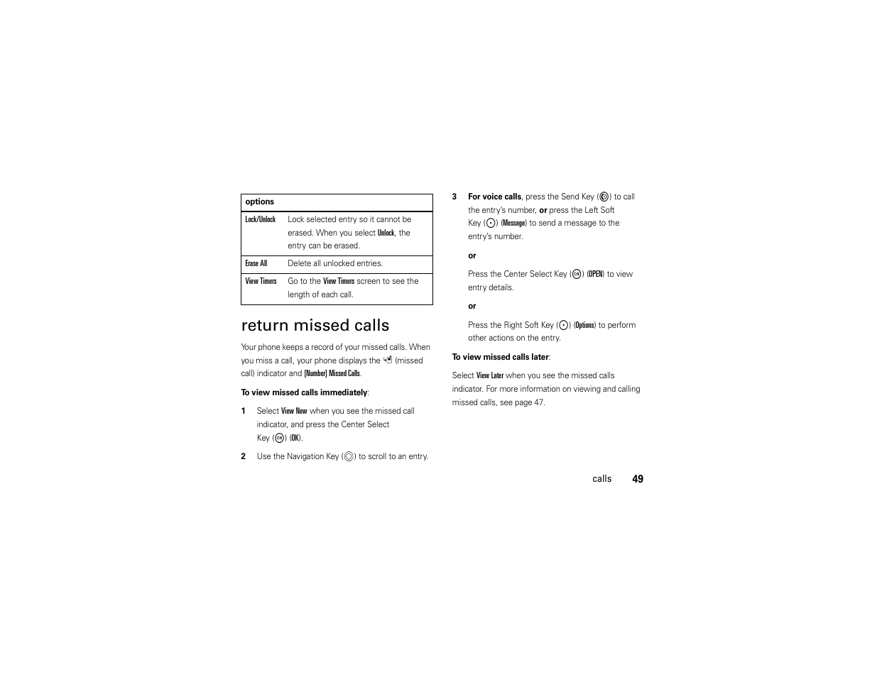 Return missed calls | Motorola ADVENTURE V750 User Manual | Page 51 / 334