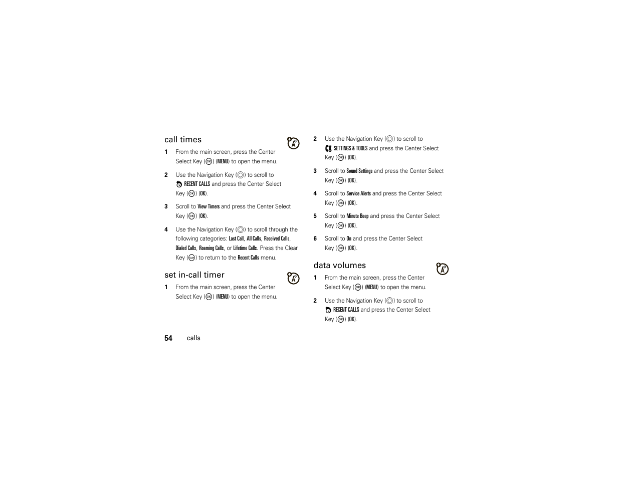 Call times, Set in-call timer, Data volumes | Motorola ADVENTURE V750 User Manual | Page 56 / 334