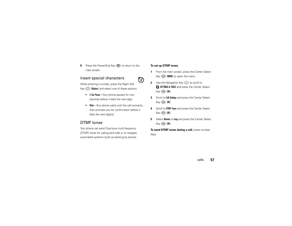 Insert special characters, Dtmf tones | Motorola ADVENTURE V750 User Manual | Page 59 / 334