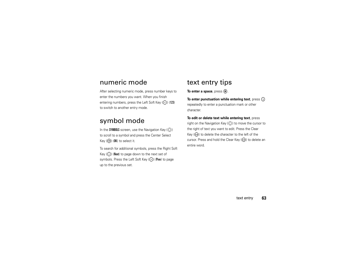 Numeric mode, Symbol mode, Text entry tips | Motorola ADVENTURE V750 User Manual | Page 65 / 334
