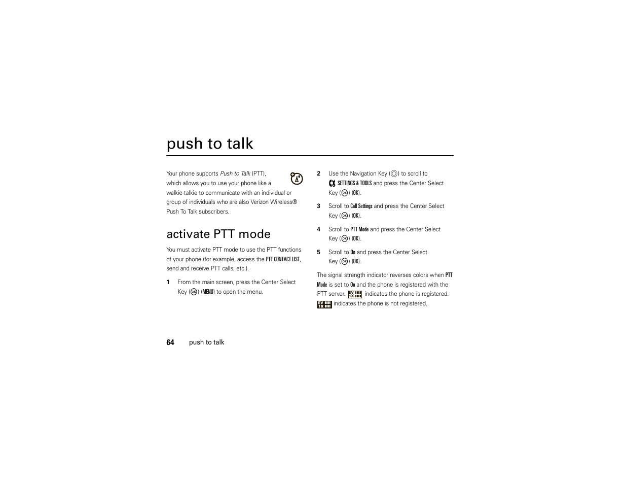 Push to talk, Activate ptt mode | Motorola ADVENTURE V750 User Manual | Page 66 / 334