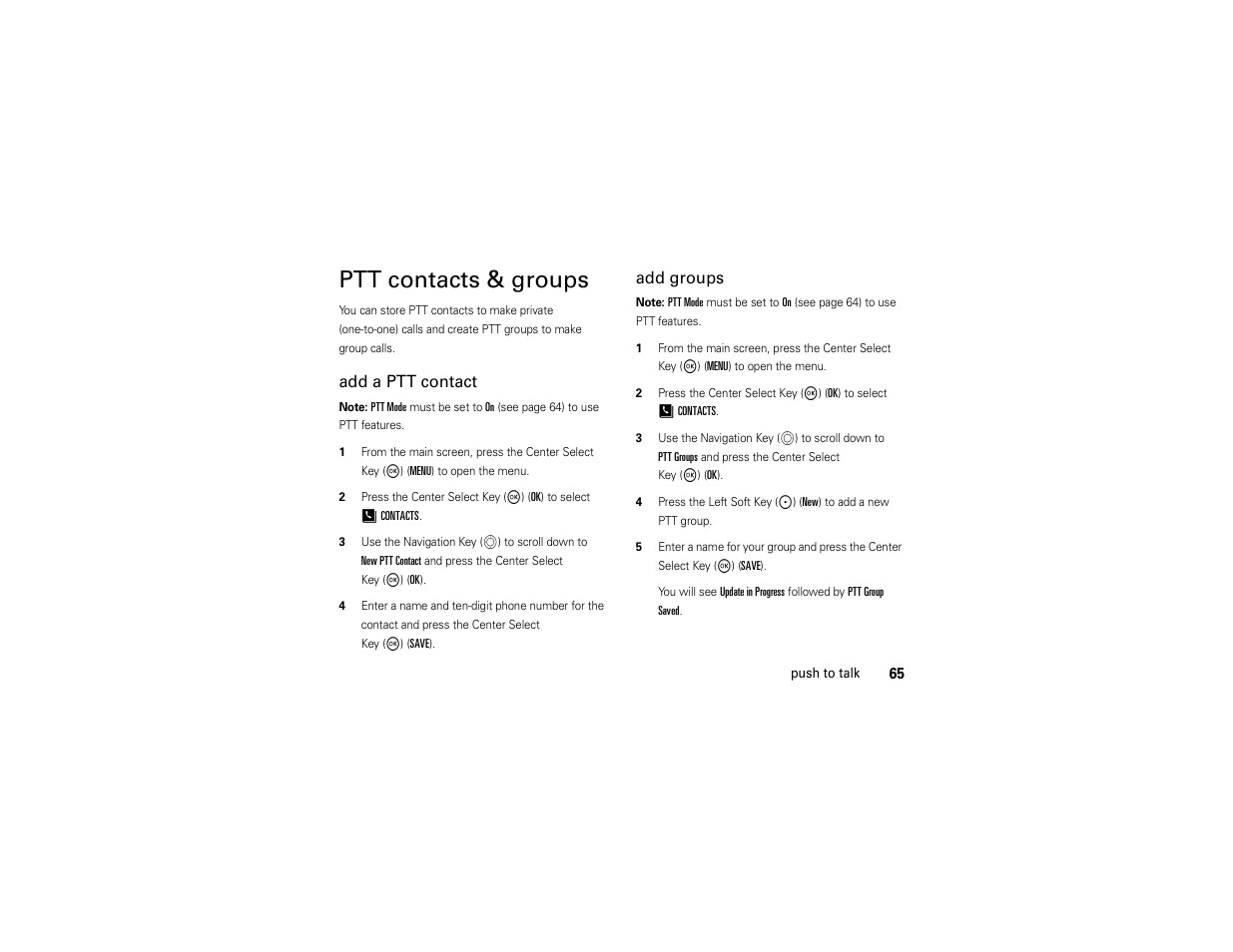 Ptt contacts & groups, Add a ptt contact, Add groups | Motorola ADVENTURE V750 User Manual | Page 67 / 334