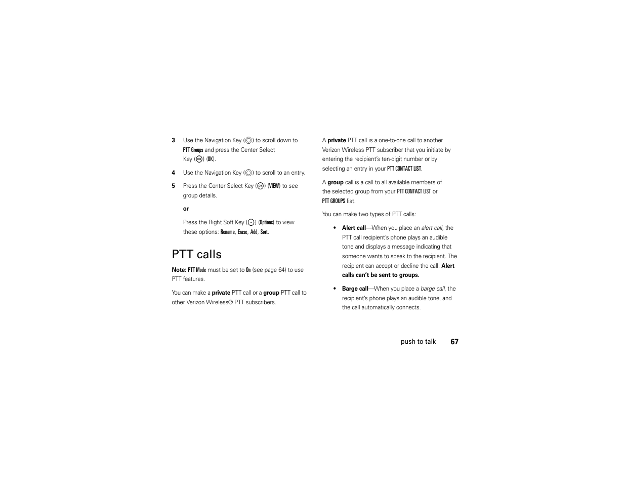 Ptt calls | Motorola ADVENTURE V750 User Manual | Page 69 / 334