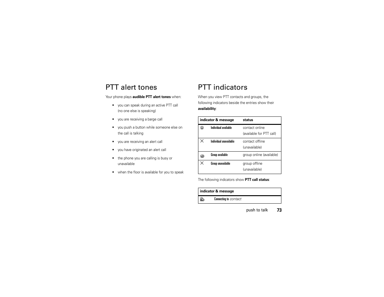 Ptt alert tones, Ptt indicators | Motorola ADVENTURE V750 User Manual | Page 75 / 334