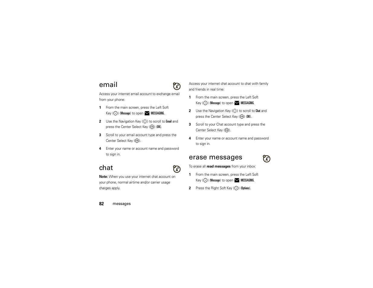 Email, Chat, Erase messages | Motorola ADVENTURE V750 User Manual | Page 84 / 334