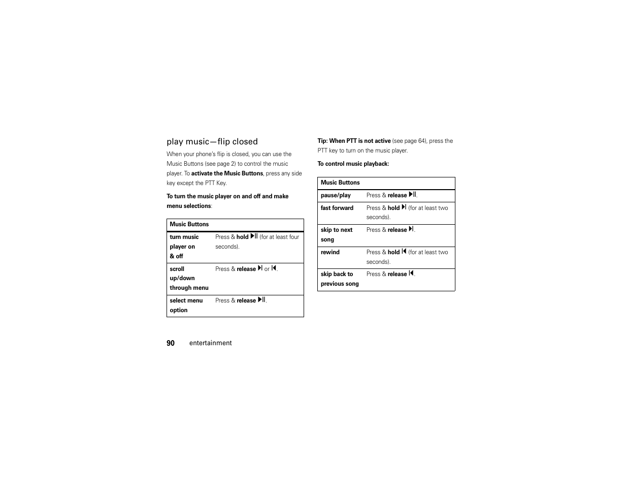 Play music—flip closed | Motorola ADVENTURE V750 User Manual | Page 92 / 334