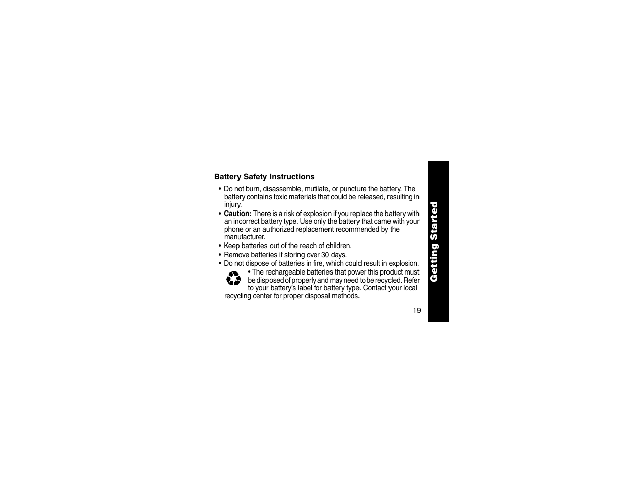 Battery safety instructions, Battery safety instructions . 19 | Motorola MA357 User Manual | Page 21 / 60