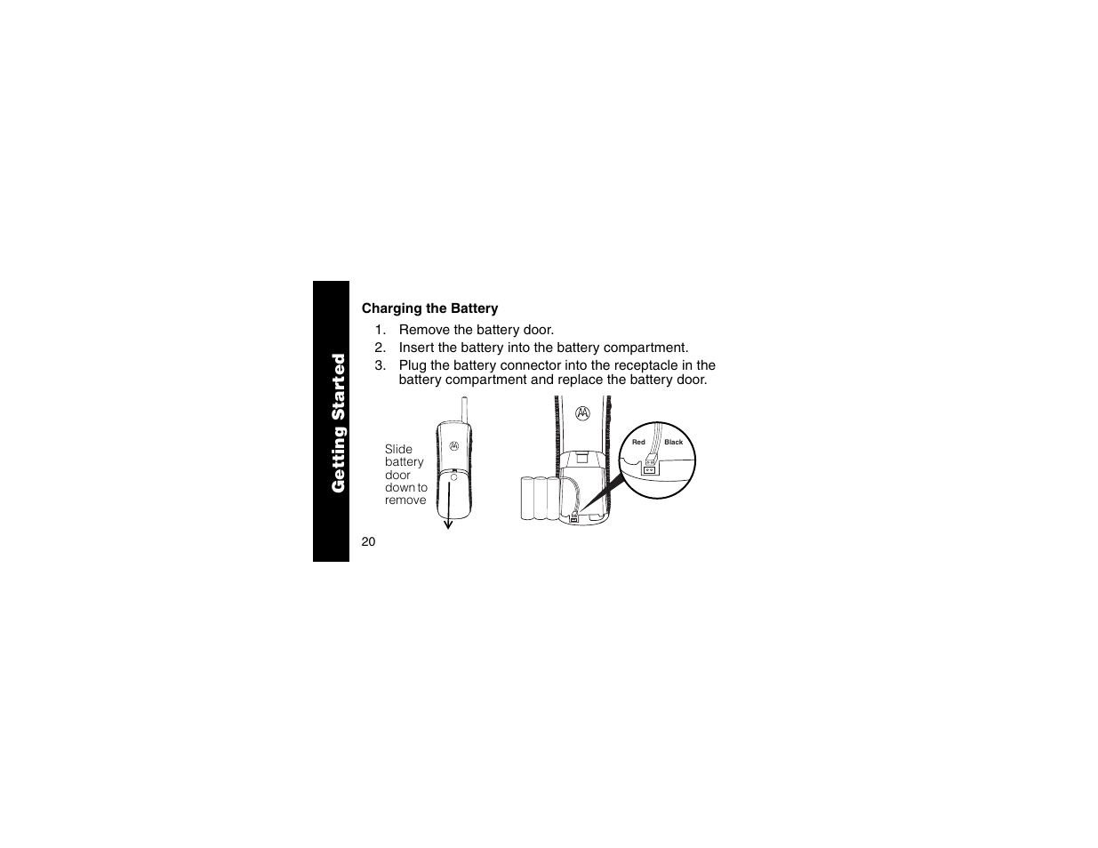 Charging the battery, Getting star ted | Motorola MA357 User Manual | Page 22 / 60