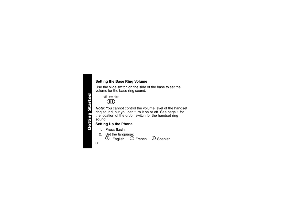 Setting the base ring volume, Setting up the phone, Setting the base ring | Volume | Motorola MA357 User Manual | Page 32 / 60