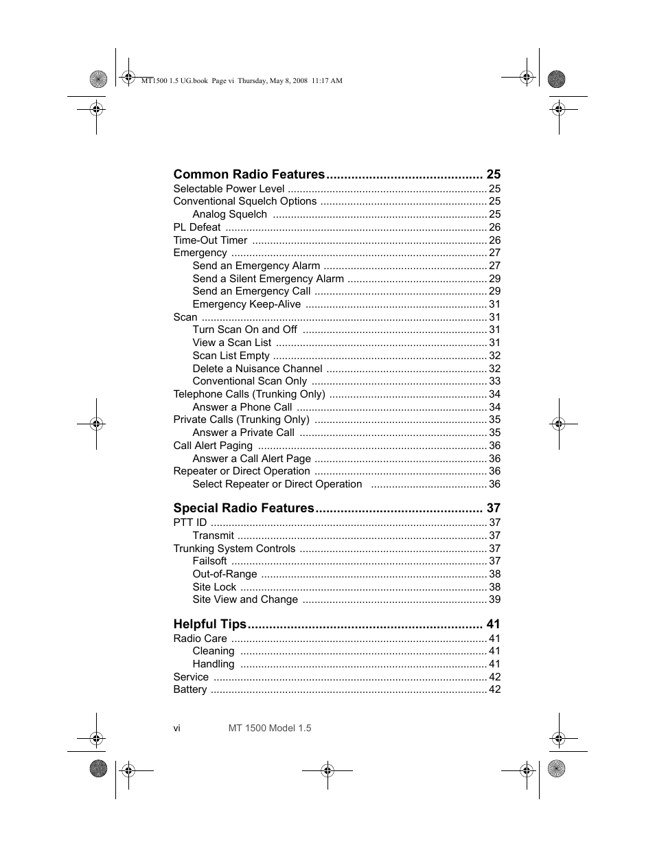 Common radio features 25, Selectable power level 25, Conventional squelch options 25 | Pl defeat 26, Time-out timer 26, Emergency 27, Scan 31, Telephone calls (trunking only) 34, Private calls (trunking only) 35, Call alert paging 36 | Motorola MT 1500 User Manual | Page 10 / 82