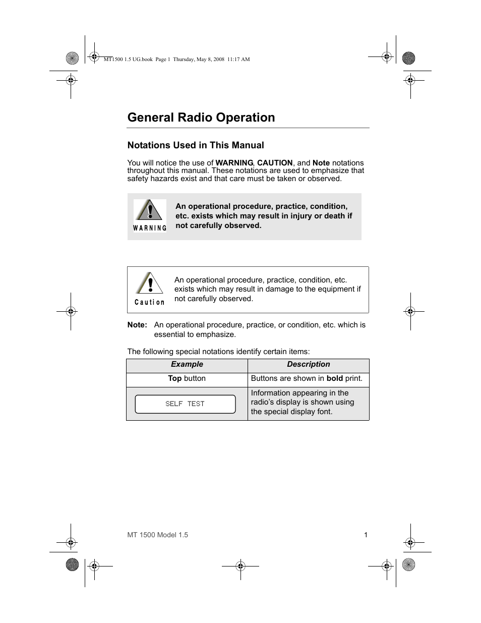 General radio operation, Notations used in this manual | Motorola MT 1500 User Manual | Page 13 / 82