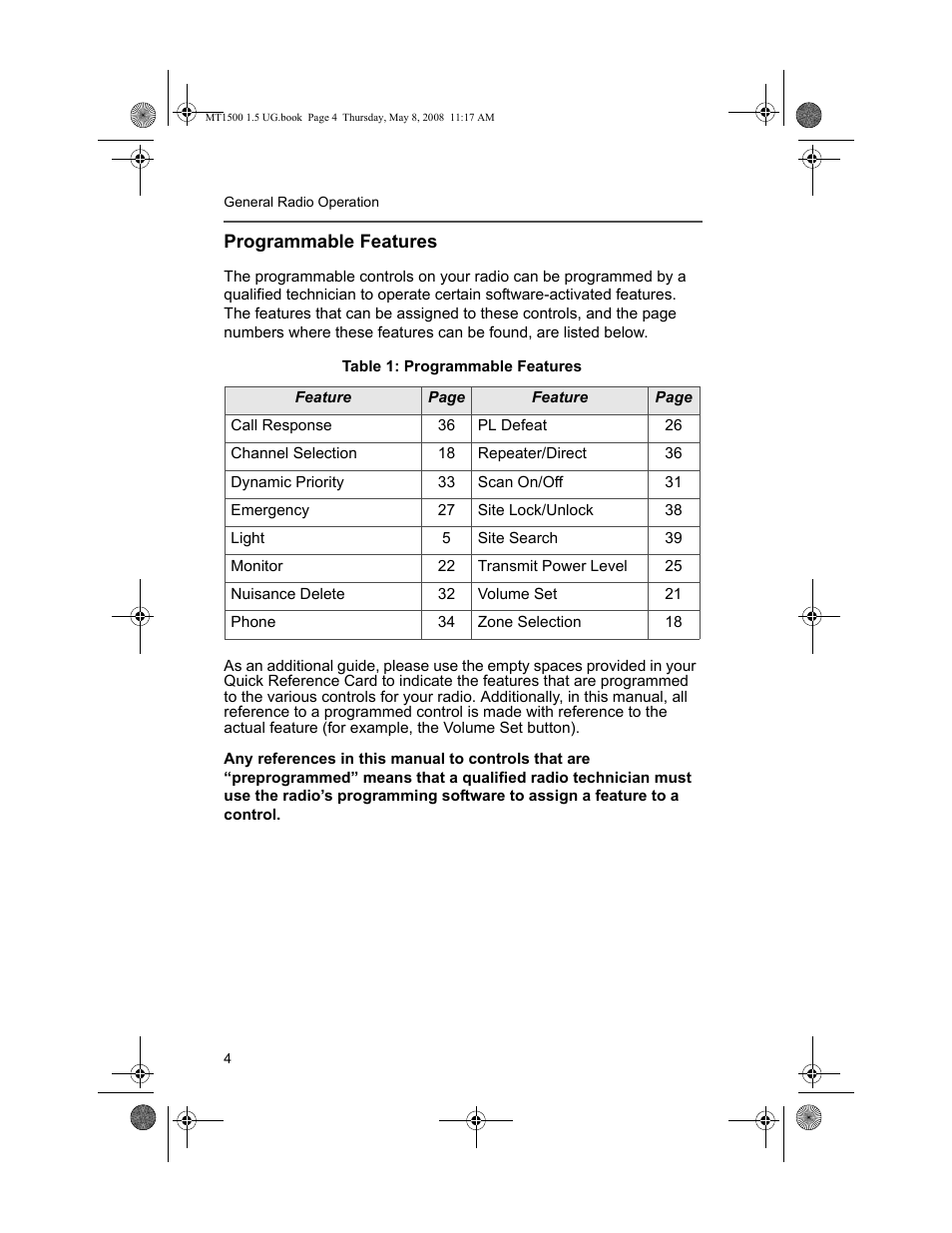 Programmable features | Motorola MT 1500 User Manual | Page 16 / 82