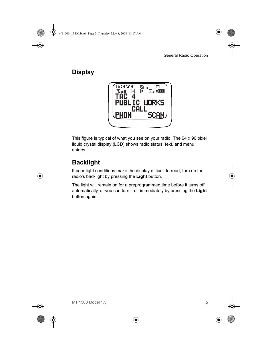 Display, Backlight | Motorola MT 1500 User Manual | Page 17 / 82