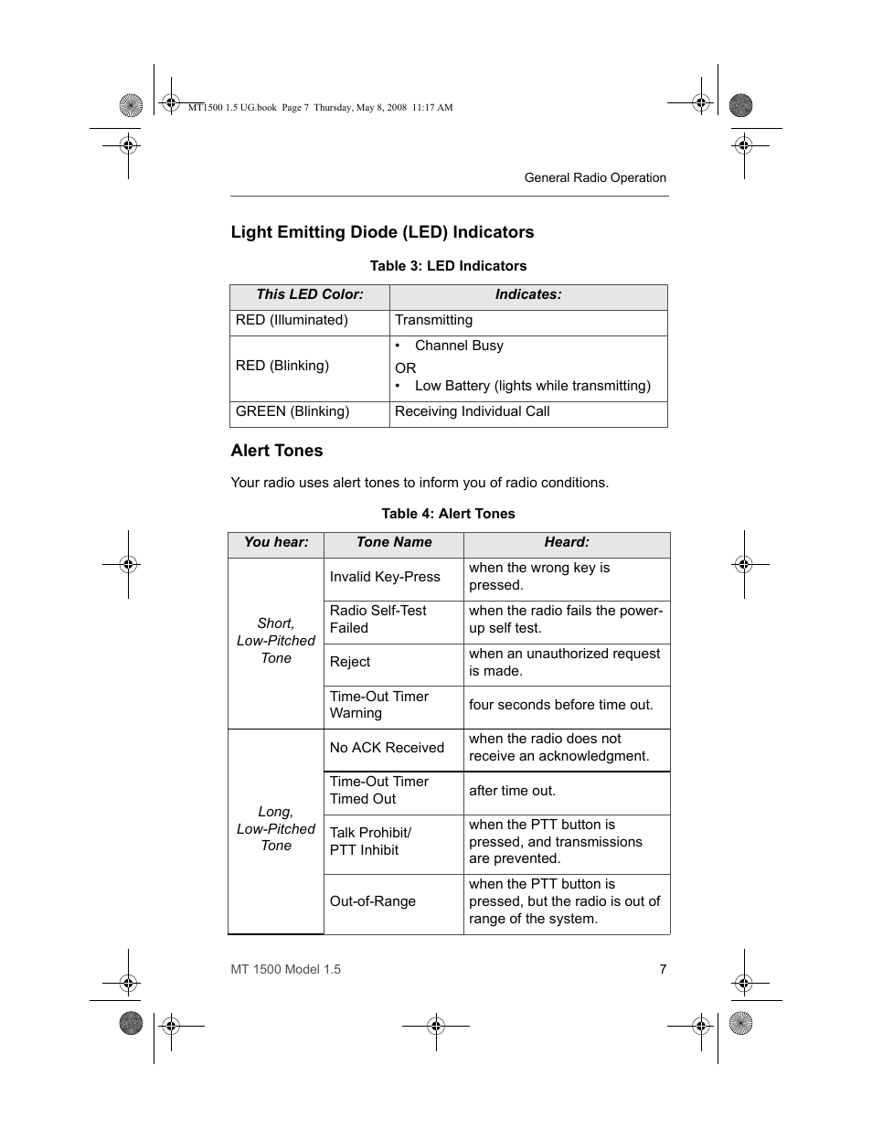 Light emitting diode (led) indicators, Alert tones | Motorola MT 1500 User Manual | Page 19 / 82