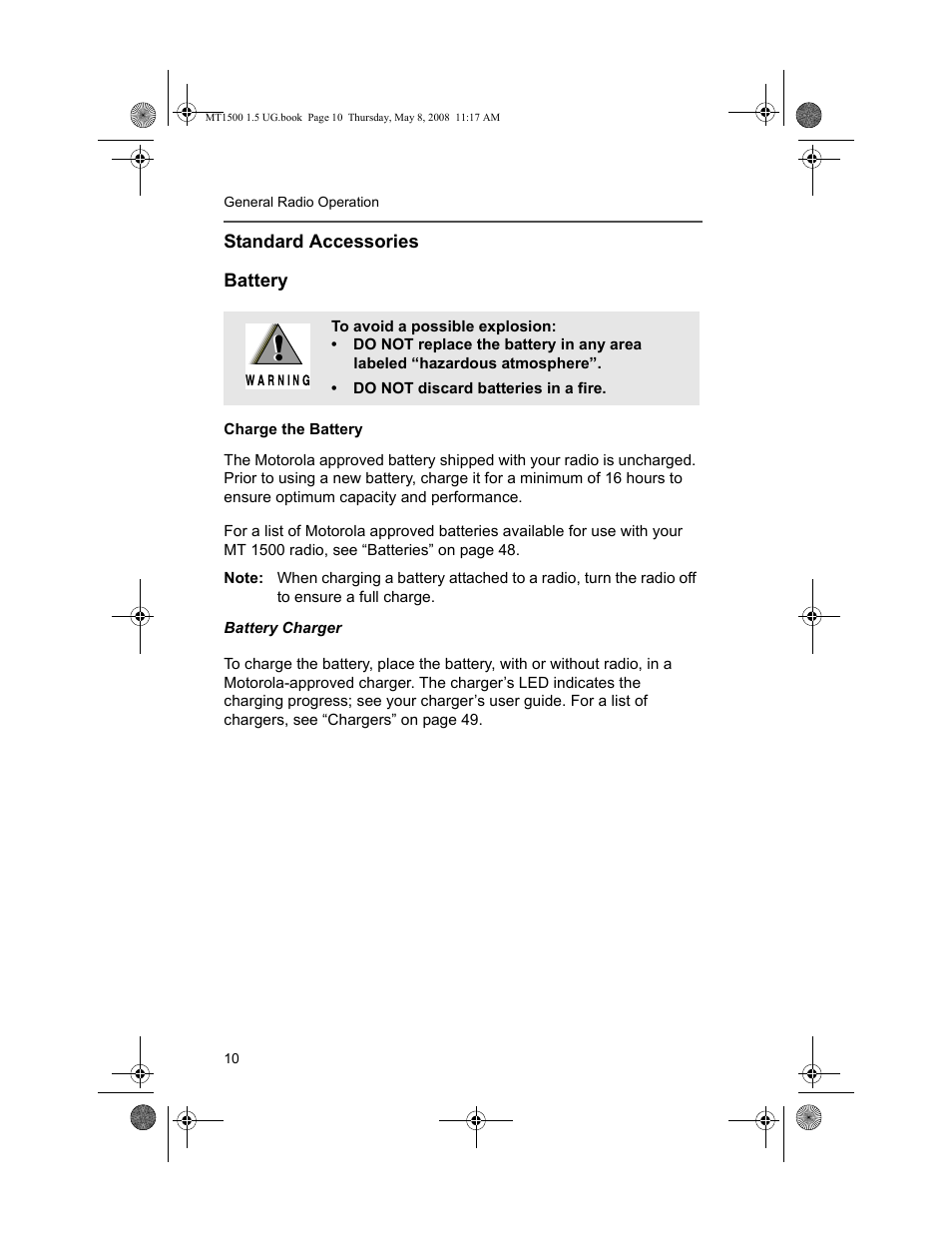 Standard accessories, Battery | Motorola MT 1500 User Manual | Page 22 / 82