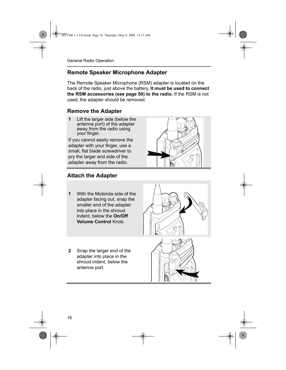 Remote speaker microphone adapter, Remove the adapter, Attach the adapter | Motorola MT 1500 User Manual | Page 28 / 82