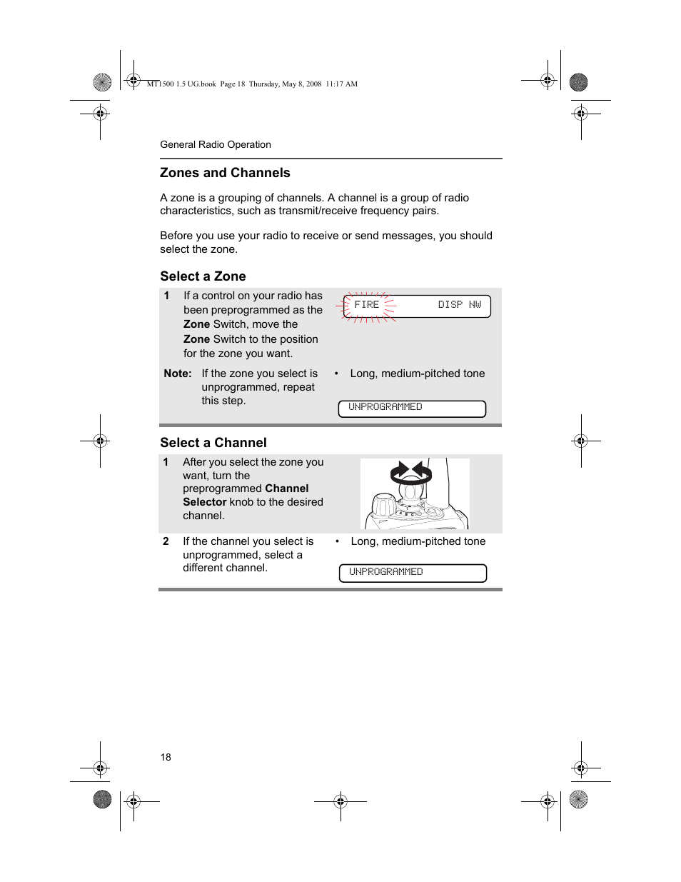 Zones and channels, Select a zone, Select a channel | Motorola MT 1500 User Manual | Page 30 / 82