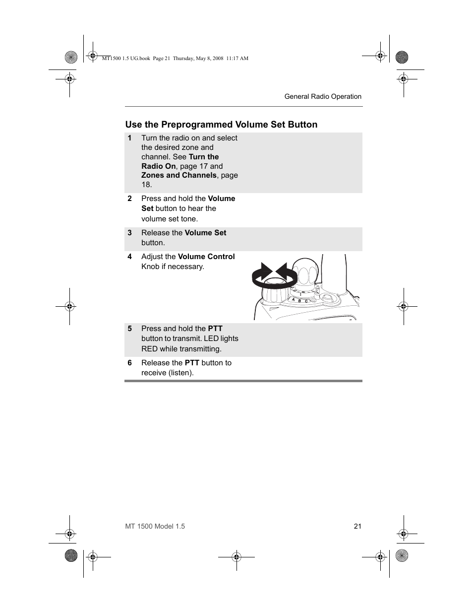 Use the preprogrammed volume set button | Motorola MT 1500 User Manual | Page 33 / 82