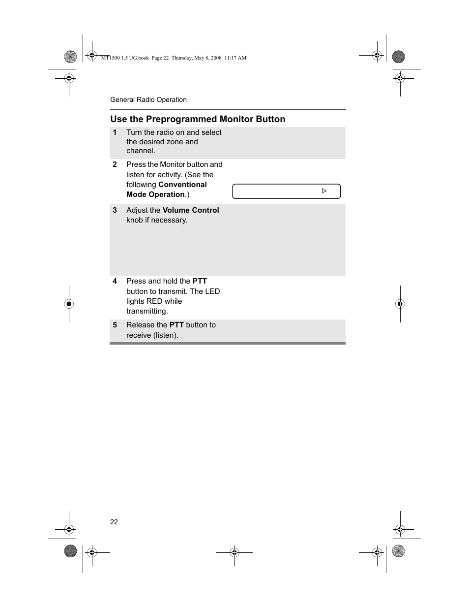 Use the preprogrammed monitor button | Motorola MT 1500 User Manual | Page 34 / 82