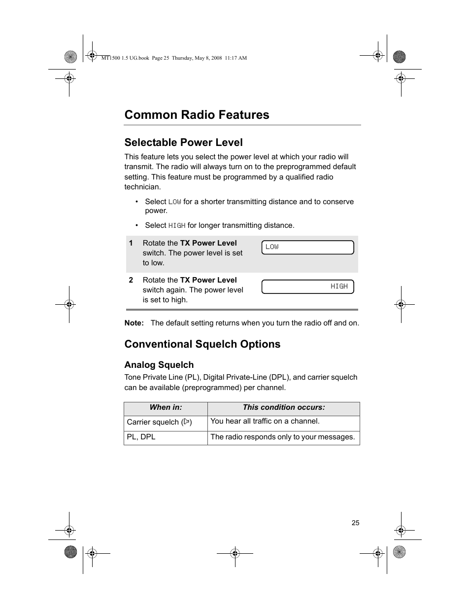 Common radio features, Selectable power level, Conventional squelch options | Analog squelch | Motorola MT 1500 User Manual | Page 37 / 82