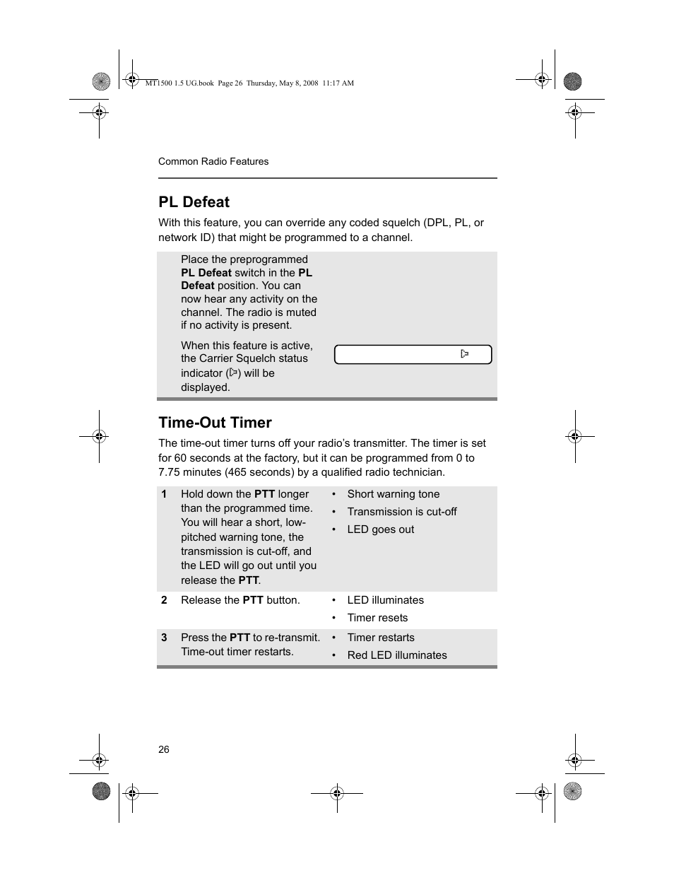 Pl defeat, Time-out timer | Motorola MT 1500 User Manual | Page 38 / 82