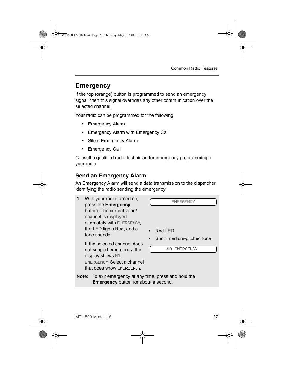 Emergency, Send an emergency alarm | Motorola MT 1500 User Manual | Page 39 / 82