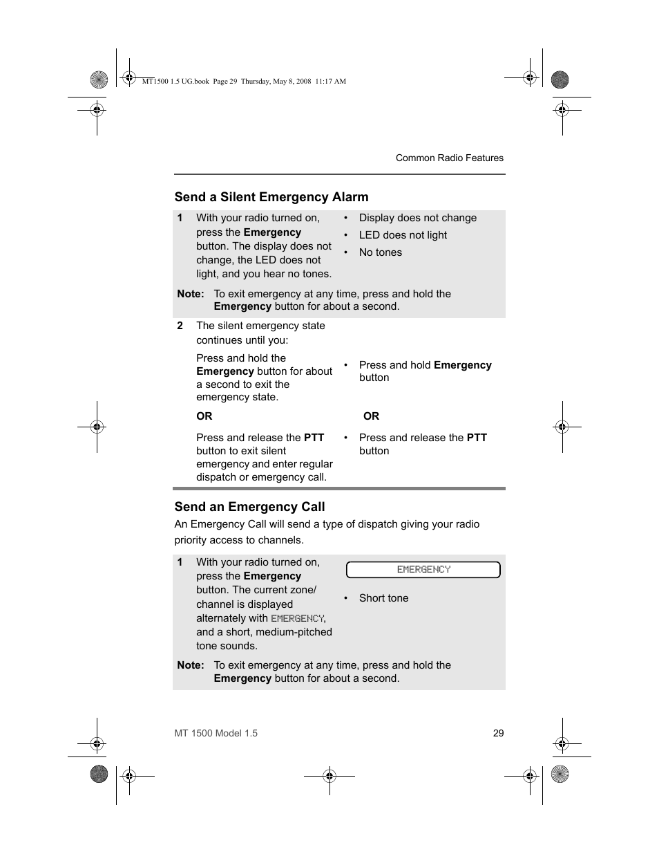 Send a silent emergency alarm, Send an emergency call | Motorola MT 1500 User Manual | Page 41 / 82