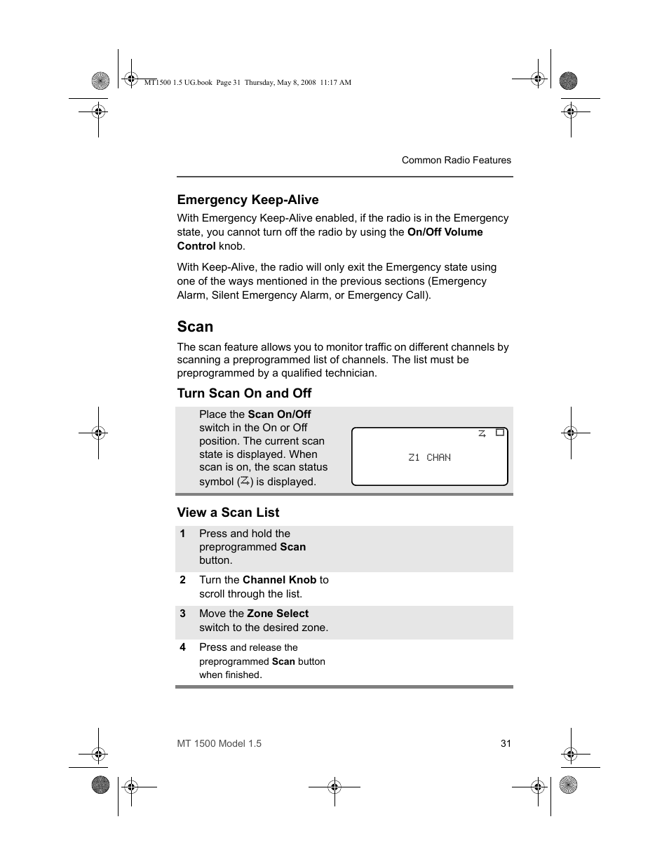 Emergency keep-alive, Scan, Turn scan on and off | View a scan list | Motorola MT 1500 User Manual | Page 43 / 82